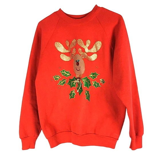 Vintage 90's Granny Ugly Christmas Women's Reindeer Print Red Sweatshirt Large - Picture 1 of 5